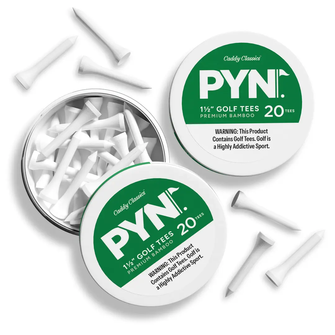 PYN Golf Tees tin, open with tees spilled out